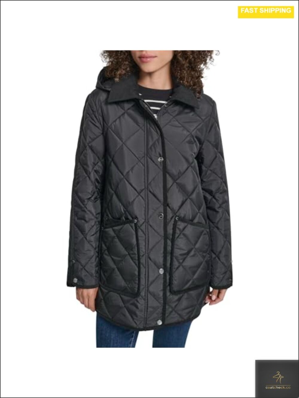 Women's Quilted Hooded Jacket Corduroy Collar Polyester Black